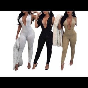 Rhinestone deep v neck sequin jumpsuit